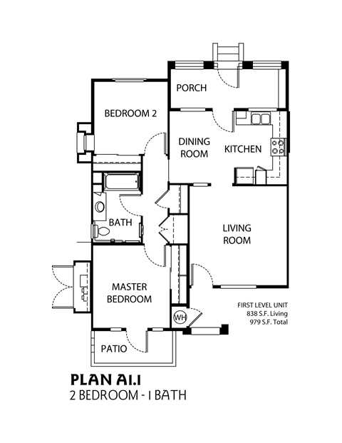 Floor plan for 2 beds, 1 bath, 979 sqft